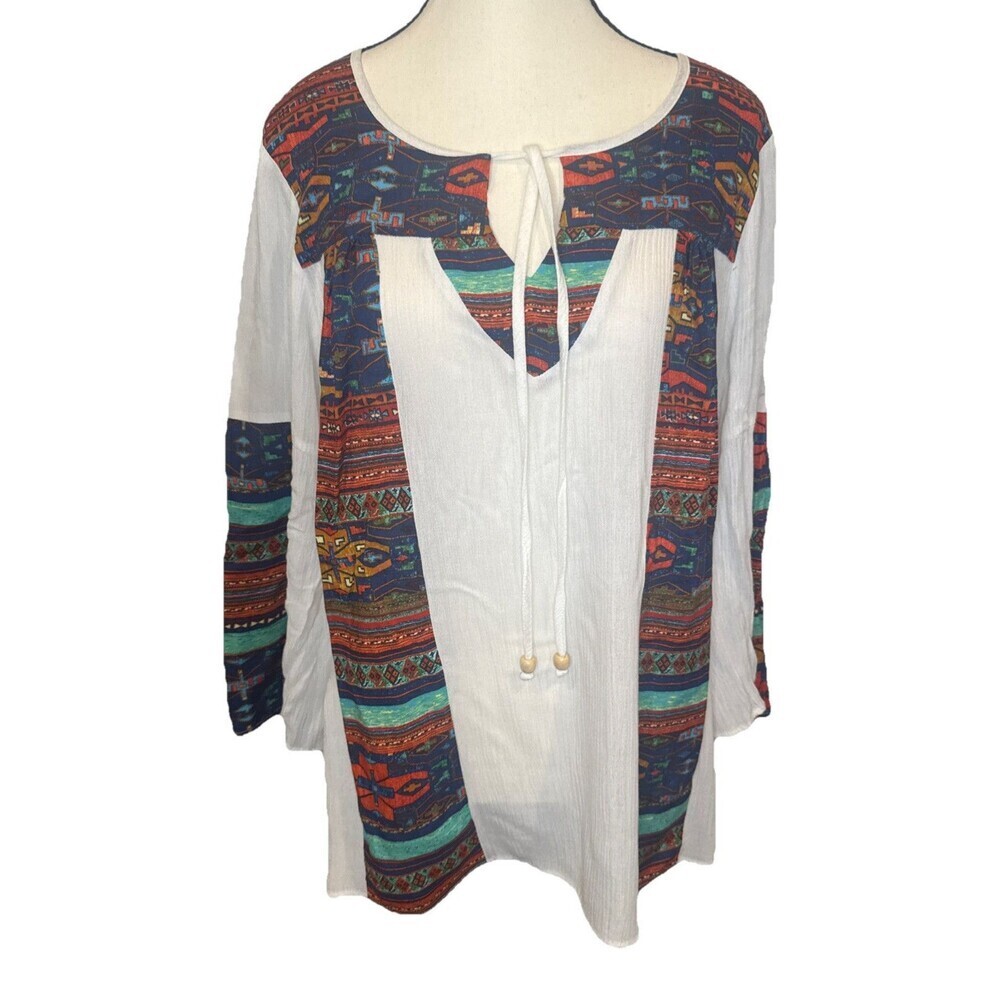 Anthropologie Olive Hill Aztec Print Tie Front Rayon‎ Blouse Sz L Boho Peasant